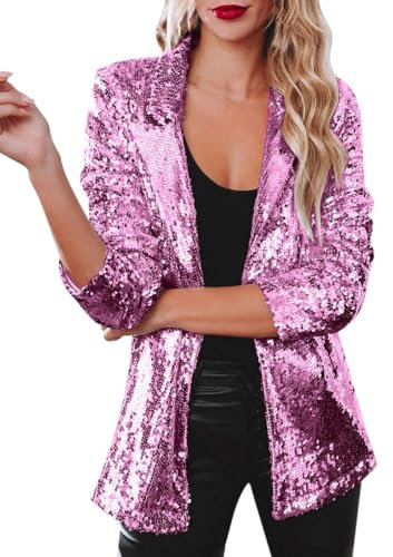 Minetom Donna Giacca Paillette Blazer Leggero E Sottile Elegante Maniche Lunghe A Aperto Casual Scollo Risvolto Glitterate Vacanze Blazer Oversize A Rosa XL