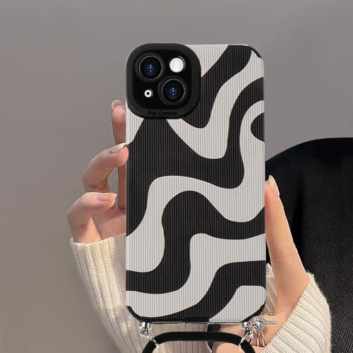 Lafunda Handykette kompatibel mit iPhone 13 Hülle, iPhone 13 Necklace Handyhülle mit Band - Wave Cute Zebra Stripes Muster Design Case mit Kette zum umhängen Schwarz