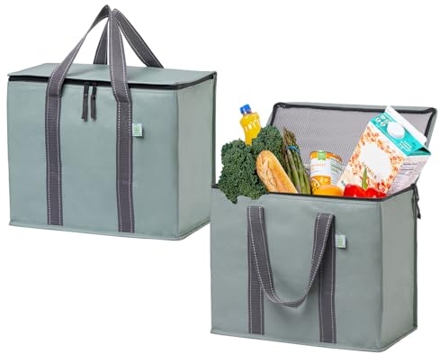 VENO 29 Liter Einkaufstasche Wiederverwendbare Faltbar Kühltasche, Harter Boden Einkaufskorb, Groß Picknickkorb Robuste Lunchtasche Isoliertasche, Aufrecht Stehend Thermotasche (Hellgrün, 2er-Pack)