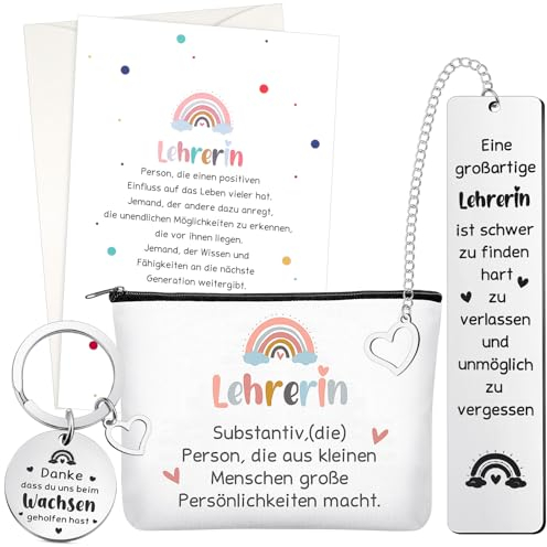 Tenare 5er Set Danke Geschenke zum Lehrertag Lehrerin Schlüsselanhänger mit Gravur Lehrer Herz Metall Lesezeichen Regenbögen Lehrerin Kosmetiktasche Dankeskarte mit Umschlag für Abschied Graduierung