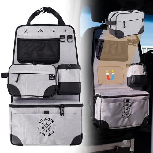 Living in a Bubble Seat back Organizer – Magnetic Toiletry and Cooler Pouch, Cordura Car Backseat Storage with Device Holder & Hooks, Multi-Compartment Utility Bag for Campervans & Family Travel