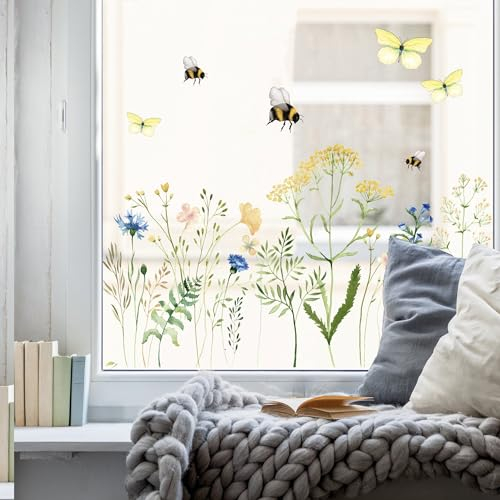 Wandtattoo Loft Fensterbilder Frühling mit Feldblumenwiese Frühling Motiv – A3 Bogen, Wiederverwendbar – Frühlingsdeko Fenster, Frühlingsbild Fenster, Fensterdeko Frühling, Fensterfolie Frühling