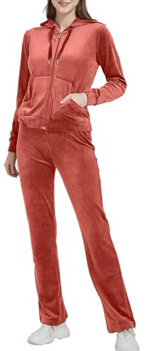 Woolicity Tuta Sportiva Donna in Velluto Completi Felpa con Cappuccio Pantaloni Jogging Invernale Passeggiata Casual Pigiama Ginnastica Arancione bruciato XL
