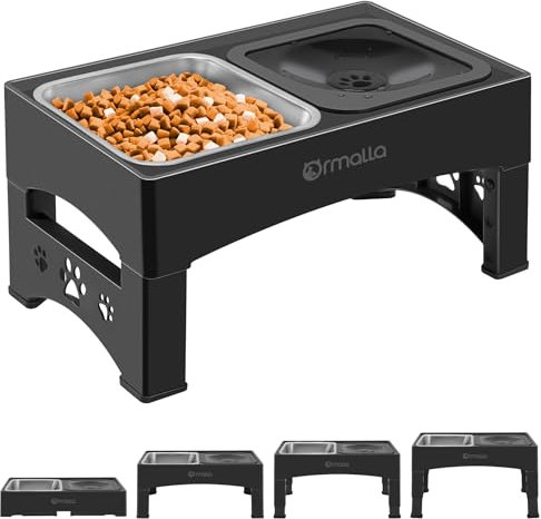 Ormalla Elevated Dog Bowls with No Spill Dog Water Bowl, Raised Stainless Steel Dog Food Bowl for Large Medium Small Dogs, Non-Slip Dog Bowl Stand, 4 Heights 3.7, 8.5, 10.1, 11.7,Black
