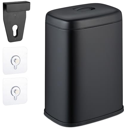 Relaxdays Cubo de Basura Pared, 5 litros, para Colgar o Pegar, Papelera Interior, Basurero Cocina, Baño, Negro, Hierro, 29 x 21.5 x 16.5 cm