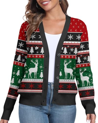 PrinStory Christmas Cardigans For Women Uk Knitted Women's Jumpers Xmas Cardigan Open Front Sweaters Button Down Long Sleeve Tops Knitwear (Christmas Black, M)