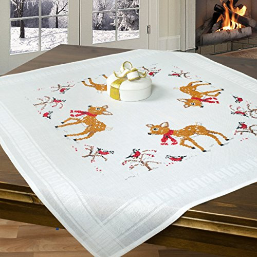 KAMACA Stickpackung Tischdecke Kreuzstich vorgezeichnet komplettes Stickset mit Stickvorlage Stickerei-Kit zum Selbersticken Erwachsene (Rehkitz mit Schal MD 80x80 cm)