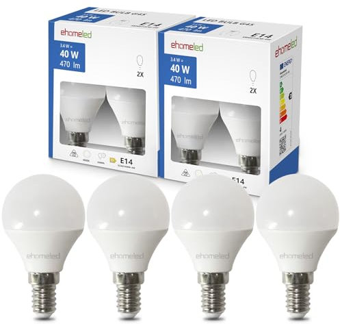 ehomeled E14 LED Mini Kugel Glühbirne Kaltweiß (6500K), 470 Lumen 3,4W (=40W), Energiesparende LED-Lampe, Perfekt für Kronleuchter, Nachttischlampen & Schreibtischlampen, 4er-Pack