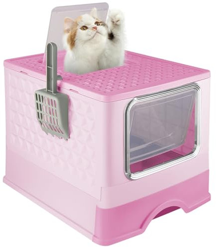Bac à Litière Fermé pour Chat, Maison de Toilette, Plateau Amovible, Pelle, Brosse, pour Grand Chat, Capacité de Charge 15 kg,Anti-fuites 52 * 39 * 39cm-Rose
