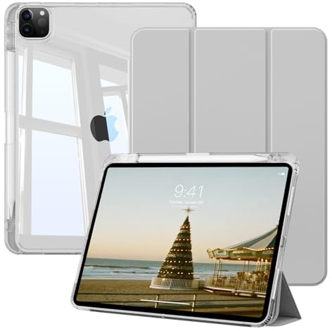 ZOPSGYU Hülle für iPad Pro 11 Zoll 4./3./2. Generation (2022/2021/2020) mit Stifthalter, Klare Transparente Rückseitenschale Dünner Ständer Stoßfeste Tablet Schutzhülle, Auto Sleep/Wake, Grau