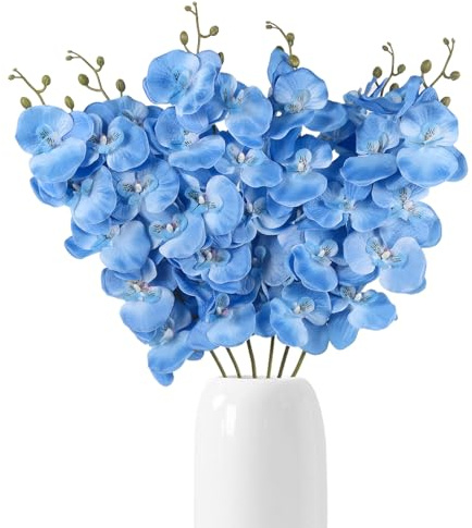 Künstliche Orchideen, 73,7 cm, künstliche blaue Orchidee mit langem Stiel, künstliche Phalaenopsis-Zweige, Seidenorchidee für Party, Heimdekoration, Eisblau, 6 Stück
