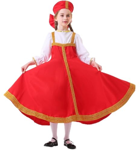 PAIDAXING Costume folk slave pour fille avec robe brodée et coiffe florale – Halloween russe ukrainien, spectacle, festival culturel pour enfants, Rouge, 4-6 ans
