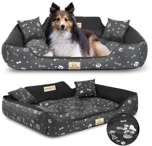 KING DOG Hundebett für mittelgroße Hunde Größe M 75 x 65 cm Personalisiertes Hundekissen mit dem Namen des Hundes Wasserfestes Waschbares Hundesofa mit 2 kleinen Kissen