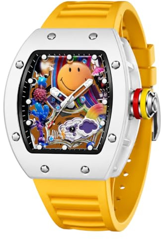 Gosasa Modische Bunte Smiley-Armbanduhr für Herren, Trendige, kreative Tonneau-Mannen-Armbanduhr mit Silikonarmband, einzigartiges, Cooles leuchtendes Design, Geschenk-Uhr