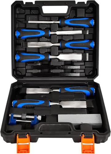 Lot de 10 burins à bois avec aide à aiguiser, pierre à aiguiser, crayon de charpentier et mallette de rangement, ensemble de ciseaux à bois pour débutants et professionnels, sculpture, sculpture