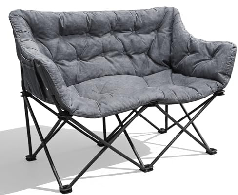 RELAX FIELD Doppel Campingstuhl Faltbar, Campingsofa für 2 Personen XXL | Campingcouch, Campingsessel Gepolstert, Campingbank, Faltsofa, mit 2 Sitzer, bis 320KG, für Outdoor Garten Balkon, Grau