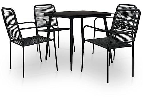 Hoopleep 5-TLG. Garten-Essgruppe aus Baumwollseil und Stahl Schwarz, quadratischer Esstisch mit gehärtetem Glas, Terrassenmöbel für 4 Personen, Outdoor & Esszimmer Set
