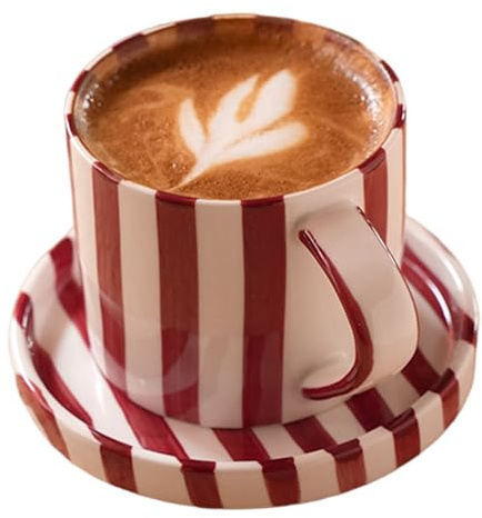 Ceramic Coffee Mug, 200ml Red Striped Vintage Coffee Mugs with Handle & Saucer for Home Office Tea Drinks Water Vintage Mugs