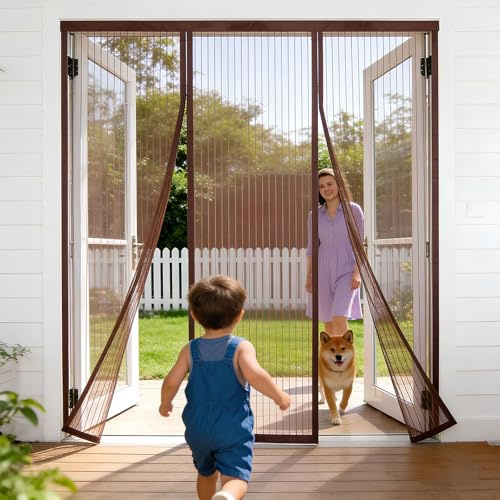 Zanzariera Magnetica Porta, Tenda Zanzariera Doppia anta Rete Fine, Si Chiude da Sola, 140x230cm Traspirante Zanzariere Porta Finestra, per Porte da Balcone,Cantine,Terrazze Marrone strisce