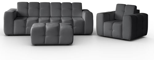 MW EURO-MEBLE Polstermöbel Set BONA, Sofa Set, Wohnzimmermöbel, Couchgarnitur 3+1+Pouf (Dunkelgrau: Raven 22)
