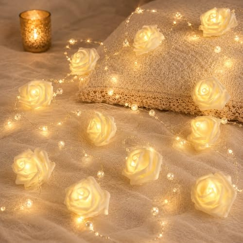 ZingBox Rosen Perlen Lichterkette, 1 M 10 LED Warmweiß, Batteriebetrieben | Künstlicher Kranz, Weiß Perlenkranz, Blumen Lichterketten für Hochzeiten, Weihnachten, Valentinstag, Partydekorationen