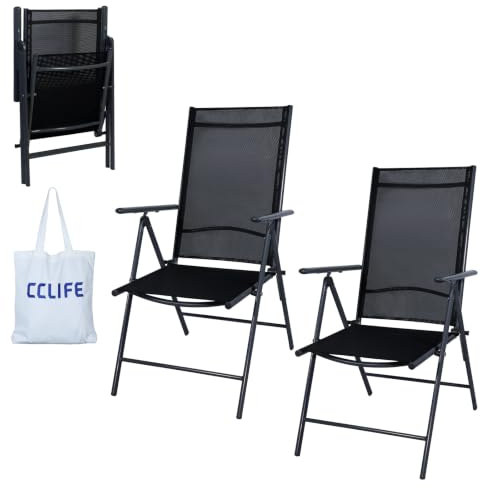 CCLIFE Gartenstühle 2er Hochlehner klappbar Dunkelgrau mit Canvas-Tasche | 2 klappbare Hochlehner, 7-fach verstellbar, bis 150 kg belastbar, mit Marken-Canvas-Einkaufstasche für Balkon und Garten