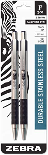 Zebra® F-301 Druckkugelschreiber aus Edelstahl, feine Spitze, 0,7 mm, schwarze Tinte, 2 Stück
