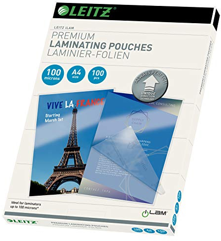Leitz Heißlaminierfolien A4 100 mic, Laminierfolien in Premium-Qualität im 100er Pack, Glänzend, Transparent, Vereinfachtes Einlegen durch UDT, iLAM, 74800000