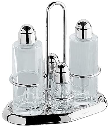Pintinox Oliera 4 Posti Nouvelle Cuisine, Elegante Set per Olio, Aceto, Sale e Pepe in Acciaio Inox e Vetro