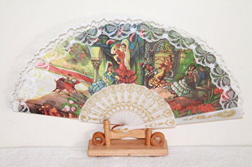AAF Nommel®, Fächer Flamenco Weiss spanisch klassisch Stoff PVC Gold Bedruckt Nr. 220-07