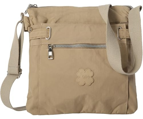 Medium Size Lightweight Fabric Multi Zip Compartment's Womens Messenger Crossbody Shoulder Bag - Ava (Beige)