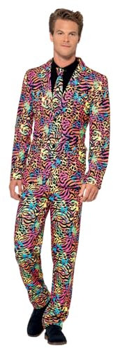 Smiffys Neon Suit, Multi-Coloured with Jacket, Trousers & Tie, Stand Out Suits Fancy Dress, 1980s Dress Up Costumes