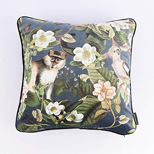 SCHÖNER LEBEN. Wendekissen Samt AFFE Blumen Vogel blau 50x50cm