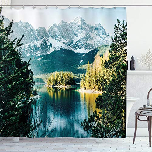 ABAKUHAUS Winter Duschvorhang, Berg Frozen Lake, Stoffliches Gewebe Badezimmerdekorationsset mit Haken, 175 x 200 cm, Grün Teal