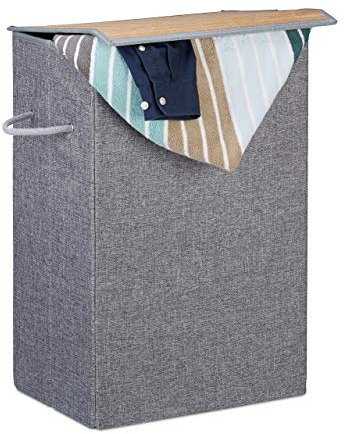 Relaxdays Wäschekorb Klettdeckel, Stoff, 2 Henkel, tragbar, 60 l Volumen, eckiger Wäschesammler, HBT 60x40x30 cm, grau