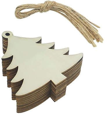 Suneast 20 Stücke Holz Christbaumschmuck Anhänger Weihnachtsdeko Holzanhänger mit Schnur DIY Weihnachtsbaum Hängende Ornamente Arbeit Handgemachte für Weihnachten Deko - Weihnachtsbaum