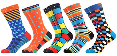 WeciBor Herren Bunt Beiläufig Gemusterte Socken Gekämmte Baumwolle Lustig Neuheit Crew Socken, 5 Paar Geometrie 1, Einheitsgröße