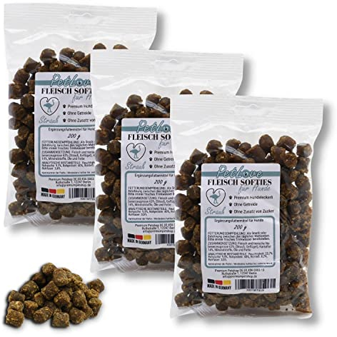 PetLove Fleisch Softies für Hunde • Hundeleckerli ohne Getreide • 63% Fleischgehalt • Hunde Leckerlis für Training • Strauß (3x200g)