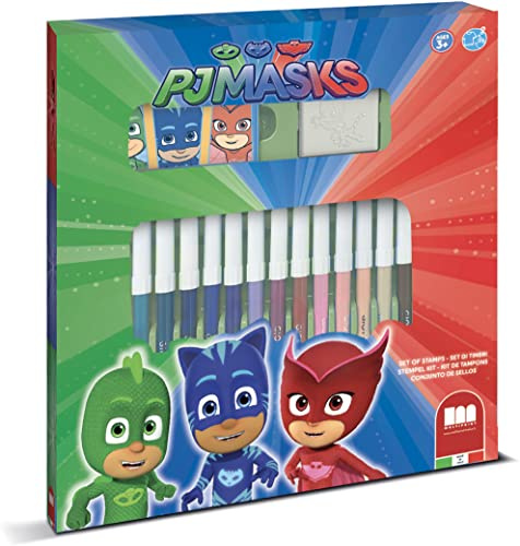 Multiprint Set 2 Stempel für Kinder und 18 Farbige Markierungen Pj Mask, Made in Italy, Stempelset Kinder, in Holz und Naturkautschuk, Ungiftige Waschbare Tinte, Geschenkidee, Art.86954