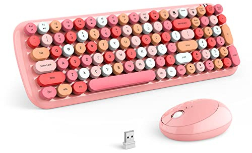 MOFII Kabellose Tastatur und Maus, volle Größe, Retro-Schreibmaschine-Stil, kabellose Tastatur mit optischer Maus für Computer/Laptop/Windows/Mac (rosa bunt)