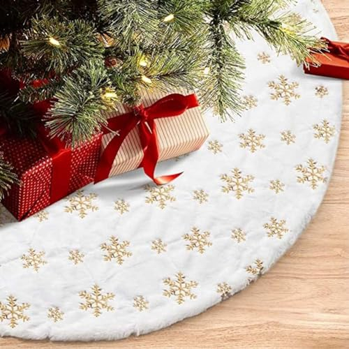 RongXuan Weihnachtsbaum Rock Plüsch Rund Weichnachtsbaumdecke mit Pailletten Schneeflocke Christbaumständer Teppich Baumdecke 48 Zoll Gold