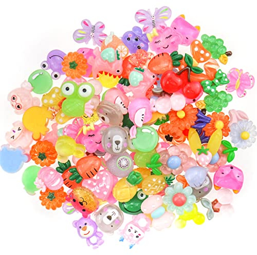 100 PCS 3D Cute Fruit Animal Flatback Resin Charm No Hole Beads for DIY Scrapbooking Embellishment Phonecase Hair Clip Craft Jewelry Craft Making Supplies, Mix-Color