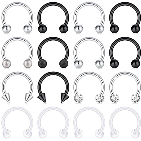 incaton 16G Septum Piercing 8MM Septum Ring Lippenpiercing Tragus Ohrpiercing Bioflex Hufeisen Circular Barbell Retainer Piercing Schmuck Schwarz/Silber