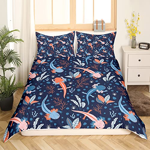 Kinder Axolotl Bettbezug,Cartoon Axolotl Design Bettwäsche Set Mikrofaser Weich für Kinderzimmer Dekor,Lila Coastal Sealife Bettbezug Kawaii Fisch Seegras Trösterbezug mit 1 Kissenbezug,135x200