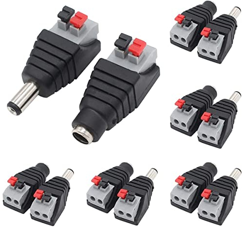 Greluma 6 Paires de connecteurs d'alimentation DC 5,5 mm x 2,1 mm (Style Bouton Poussoir),6 adaptateurs d'alimentation 12 V DC mâles + 6 Femelles pour caméra de vidéosurveillance,Bande Lumineuse LED