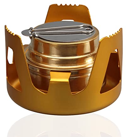 Porssaut Quemador de alcohol portátil de cobre para estufa de alcohol Estufas de camping de aleación de aluminio, horno de latón mini ultraligero con tapa sellada para apagar barbacoa color Oro