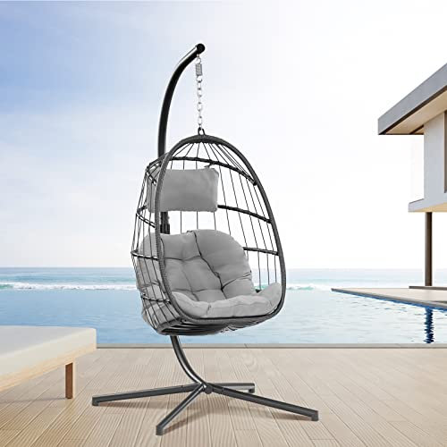 Eierschaukelstuhl mit Ständer, Hängesessel für den Außenbereich – Rattan-Korb, Terrasse, Hängekorb, Stuhl mit Aluminiumrahmen und UV-beständigem Kissen für Innen- und Schlafzimmer, Balkon (grau)