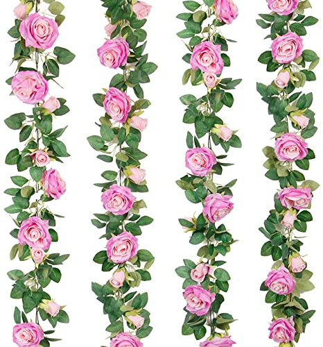 Teldrassil Künstliche Rosenranken, künstliche Rosenranken, Girlande, Seidenrosen, zum Aufhängen, für Hochzeit, Party, Hintergrund, Garten, Hintergrunddekoration, Violett-Rot, 4 Stück