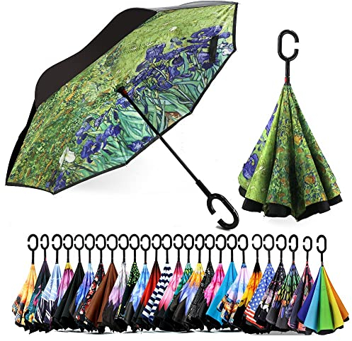 SIEPASA 124/142 cm umgekehrter umgekehrter Regenschirm, extra groß, doppeltes Baldachin, belüftet, winddicht, wasserdicht, Golfschirme mit C-förmigem Griff (Irises, 124 cm)