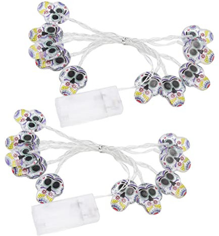 2 Stück Klassische Halloween-Dekoration Totenkopf-Lichterketten mit 10 Warmen LED-Leuchten. Feiertags-Horror-Dekorations-Lichterketten für Szenenarrangements Im Innen- und
